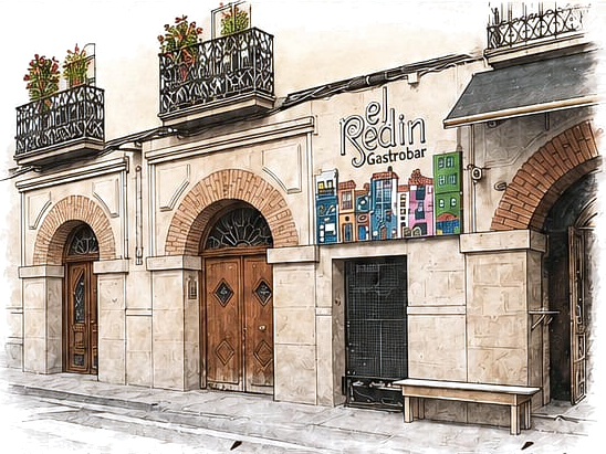 Ilustración de la fachada del bar: tres arcos de piedra con puertas de madera, balcones con geranios, el rótulo pintado a mano «el Redín Gastrobar» y el mural de casas de colores.