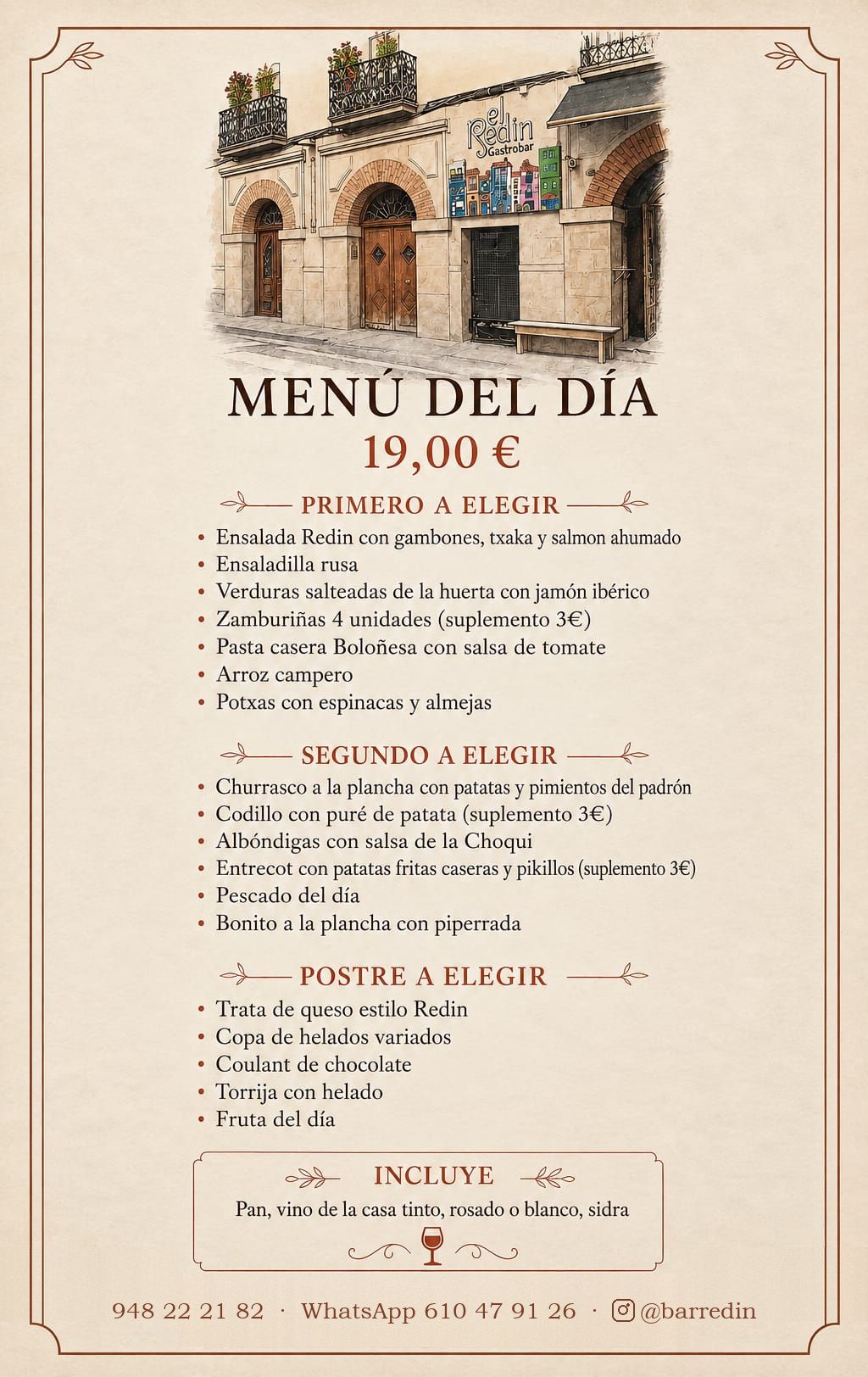 Hoja del menú del día de El Redín, con una ilustración de la fachada del bar arriba y, debajo, los primeros, segundos y postres a elegir con el precio y, al pie, el teléfono, el WhatsApp y el Instagram del bar.